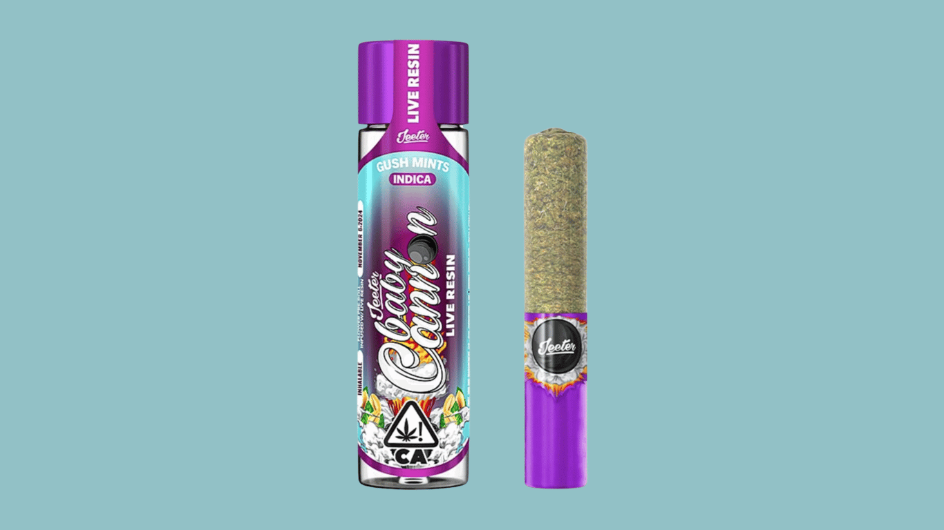 A live resin infused Baby Jeeter Cannon preroll in the Gush Mints strain from Jeeter available at Highway Cannabis Dispensary in Marina Del Rey.