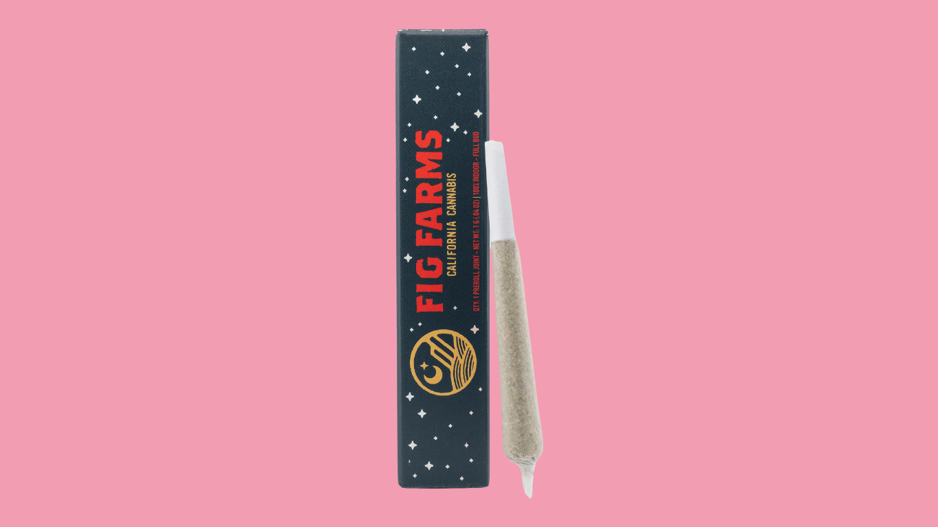A box of a 1 gram weed preroll in the Jelly Zonuts x Obama Runtz strain from Fig Farms, available at Highway Cannabis Dispensary in Marina Del Rey.