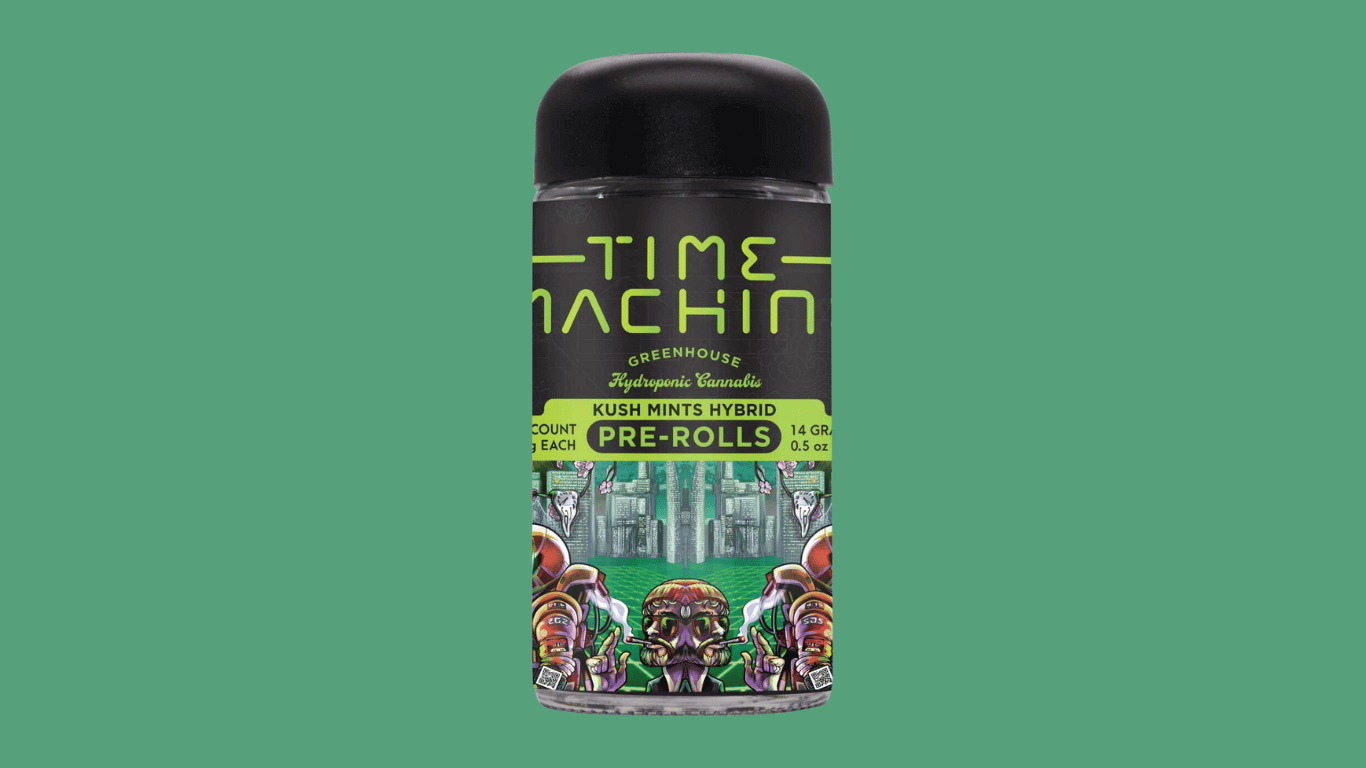 A 28 pack of prerolls from Time Machine in the Kush Mints strain, available at Highway Cannabis Dispensary in Marina Del Rey.