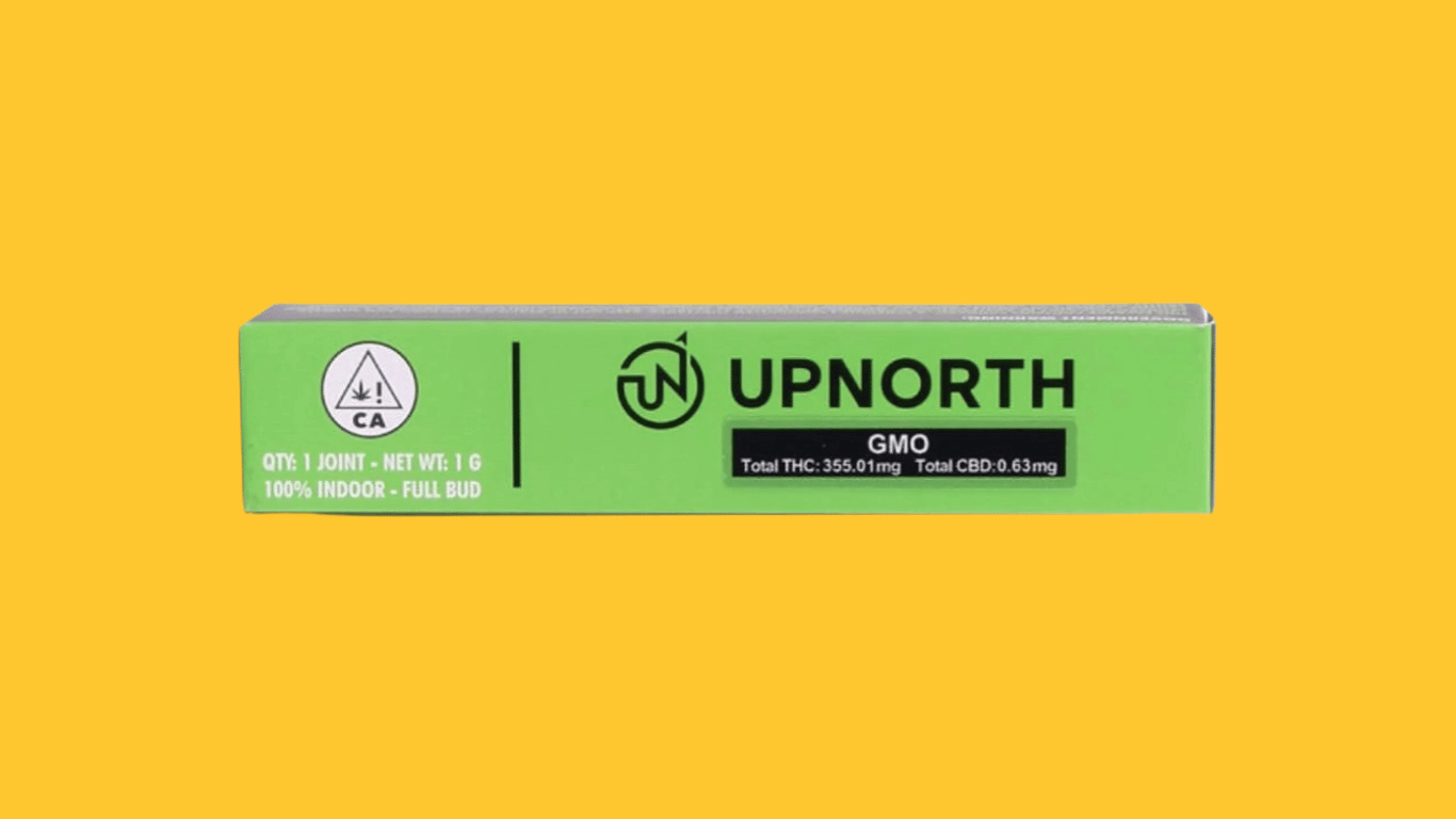A box of a 1 gram weed preroll in the GMO strain from UpNorth Cannabis available at Highway Cannabis Dispensary in Marina Del Rey.