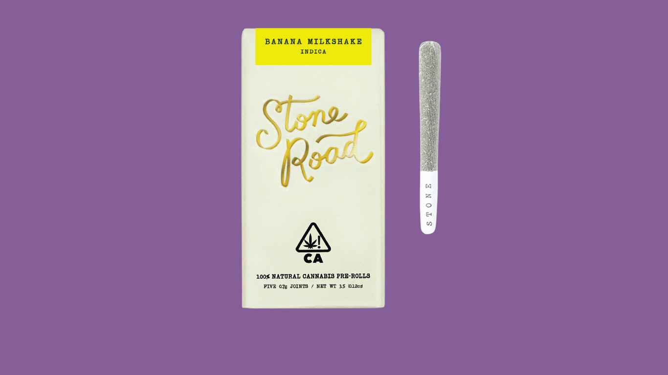 A 5 pack of prerolls from Stone Road in the Banana Milkshake strain, available at Highway Cannabis Dispensary in Marina Del Rey.