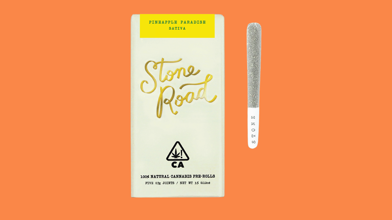 A 5 pack of prerolls from Stone Road in the Pineapple Paradise strain, available at Highway Cannabis Dispensary in Marina Del Rey.
