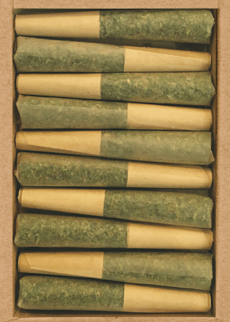A close up shot of Lowell Farms box of pre rolls. This 10 pack of pre rolls is available at Highway Cannabis Dispensary in Marina Del Rey.